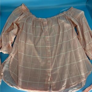 Elegant Peach Plaid Off-Shoulder Blouse